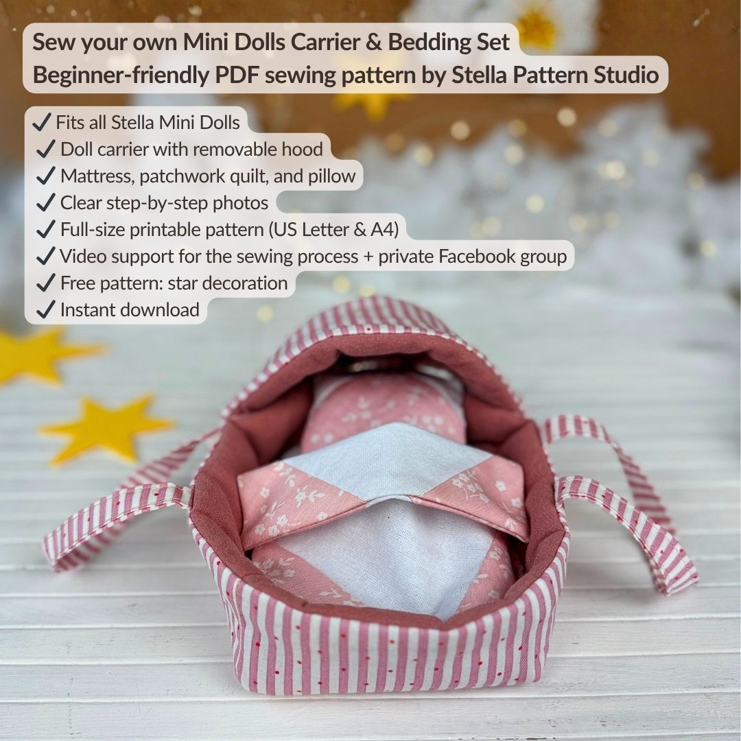 Beginner-friendly Mini Dolls Carrier & Bedding Set PDF sewing pattern by Stella Pattern Studio