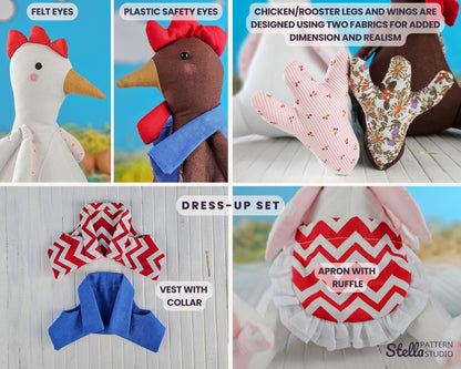 Chicken and Rooster PDF Stuffed Animal Sewing Pattern and tutorial