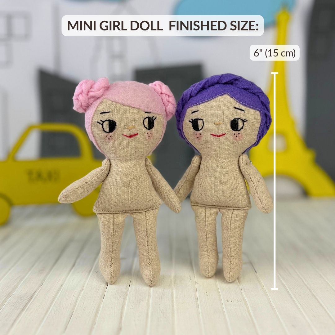Mini Girl Doll PDF sewing pattern by Stella Pattern Studio featuring the City Stroll Outfit Set with a blouse, two skirt options, mules with bows, and a clutch bag. Beginner-friendly doll sewing tutorial with step-by-step instructions, video support, and free Mini Girl Dolls Coloring Pages.
