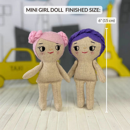 Mini Girl Doll PDF sewing pattern by Stella Pattern Studio featuring the City Stroll Outfit Set with a blouse, two skirt options, mules with bows, and a clutch bag. Beginner-friendly doll sewing tutorial with step-by-step instructions, video support, and free Mini Girl Dolls Coloring Pages.