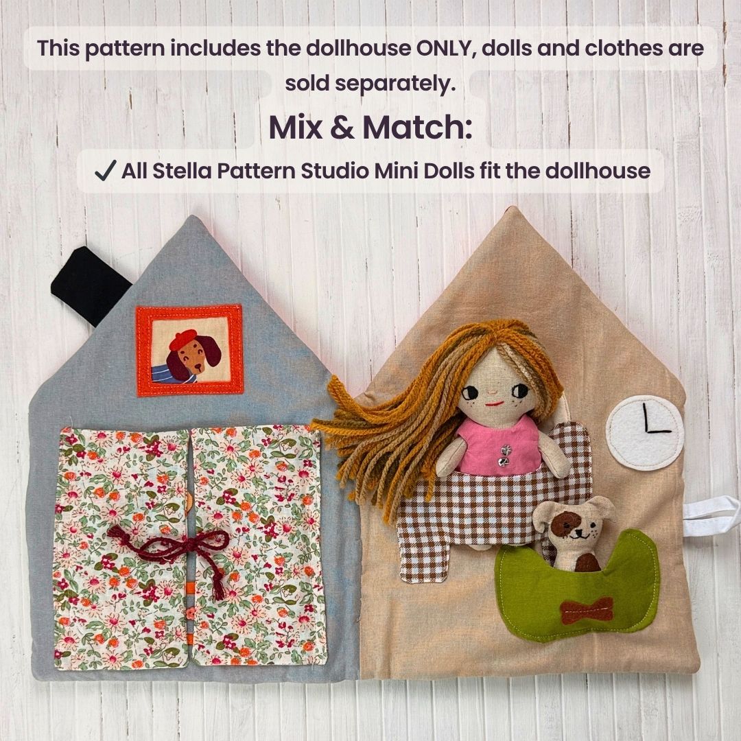 Cozy Dollhouse PDF sewing pattern – beginner-friendly fabric dollhouse tutorial with step-by-step photos and videos. Easy DIY sewing project for 5.5–6" mini dolls. Perfect handmade gift, nursery décor, or travel toy idea.