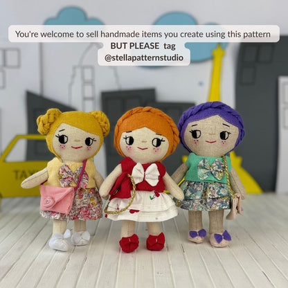 Mini Girl Doll PDF sewing pattern by Stella Pattern Studio featuring the City Stroll Outfit Set with a blouse, two skirt options, mules with bows, and a clutch bag. Beginner-friendly doll sewing tutorial with step-by-step instructions, video support, and free Mini Girl Dolls Coloring Pages.