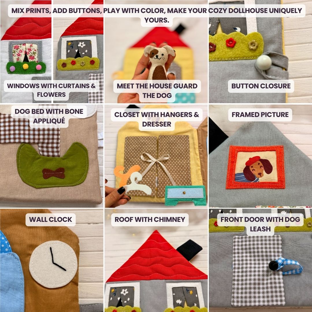 Cozy Dollhouse PDF sewing pattern – beginner-friendly fabric dollhouse tutorial with step-by-step photos and videos. Easy DIY sewing project for 5.5–6" mini dolls. Perfect handmade gift, nursery décor, or travel toy idea.