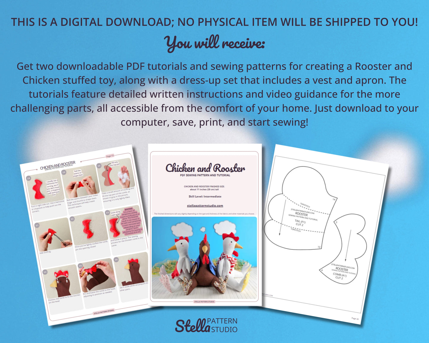 Chicken and Rooster PDF Stuffed Animal Sewing Pattern and tutorial