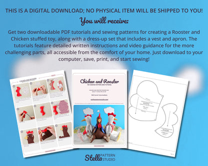 Chicken and Rooster PDF Stuffed Animal Sewing Pattern and tutorial