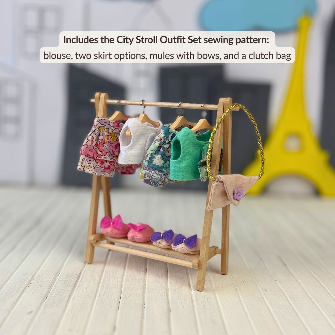 Mini Girl Doll PDF sewing pattern by Stella Pattern Studio featuring the City Stroll Outfit Set with a blouse, two skirt options, mules with bows, and a clutch bag. Beginner-friendly doll sewing tutorial with step-by-step instructions, video support, and free Mini Girl Dolls Coloring Pages.