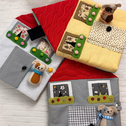 Cozy Dollhouse PDF sewing pattern – beginner-friendly fabric dollhouse tutorial with step-by-step photos and videos. Easy DIY sewing project for 5.5–6" mini dolls. Perfect handmade gift, nursery décor, or travel toy idea.