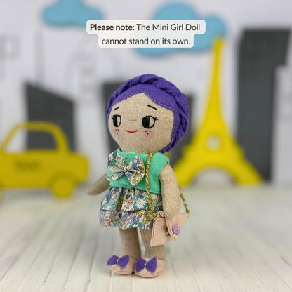 Mini Girl Doll PDF sewing pattern by Stella Pattern Studio featuring the City Stroll Outfit Set with a blouse, two skirt options, mules with bows, and a clutch bag. Beginner-friendly doll sewing tutorial with step-by-step instructions, video support, and free Mini Girl Dolls Coloring Pages.