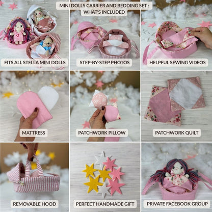 Beginner-friendly Mini Dolls Carrier & Bedding Set PDF sewing pattern by Stella Pattern Studio