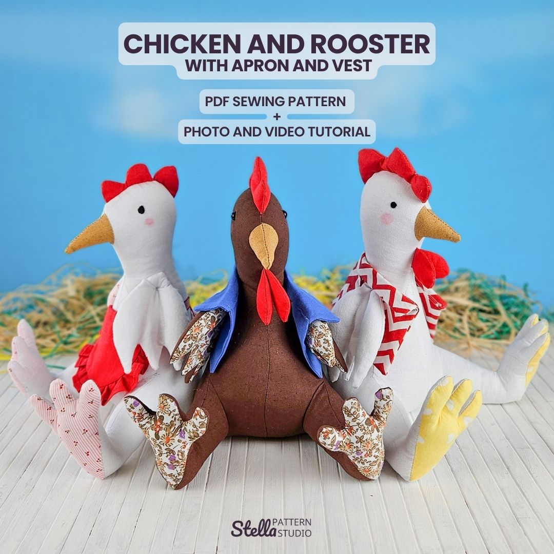 Chicken and Rooster PDF Stuffed Animal Sewing Pattern and tutorial