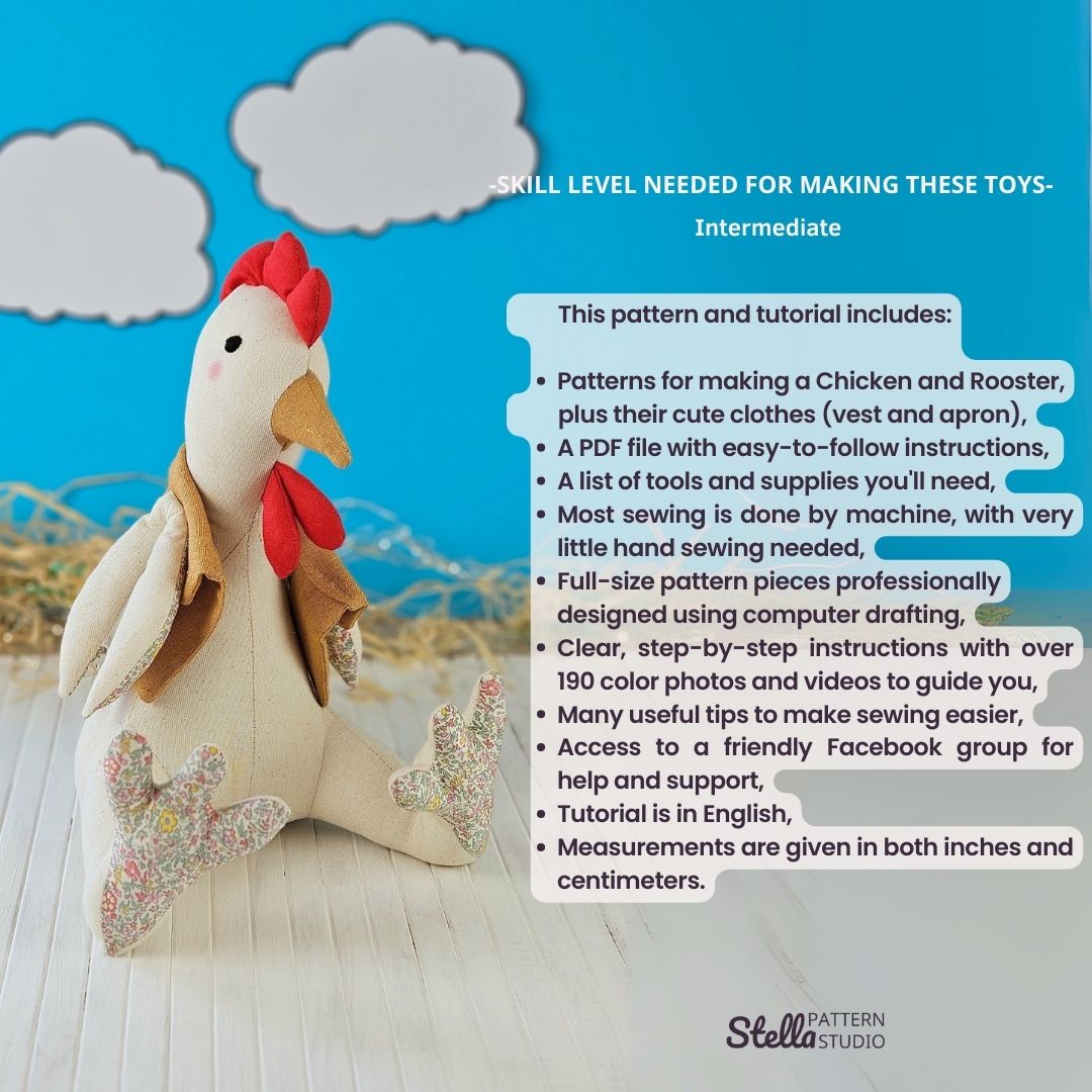 Chicken and Rooster PDF Stuffed Animal Sewing Pattern and tutorial