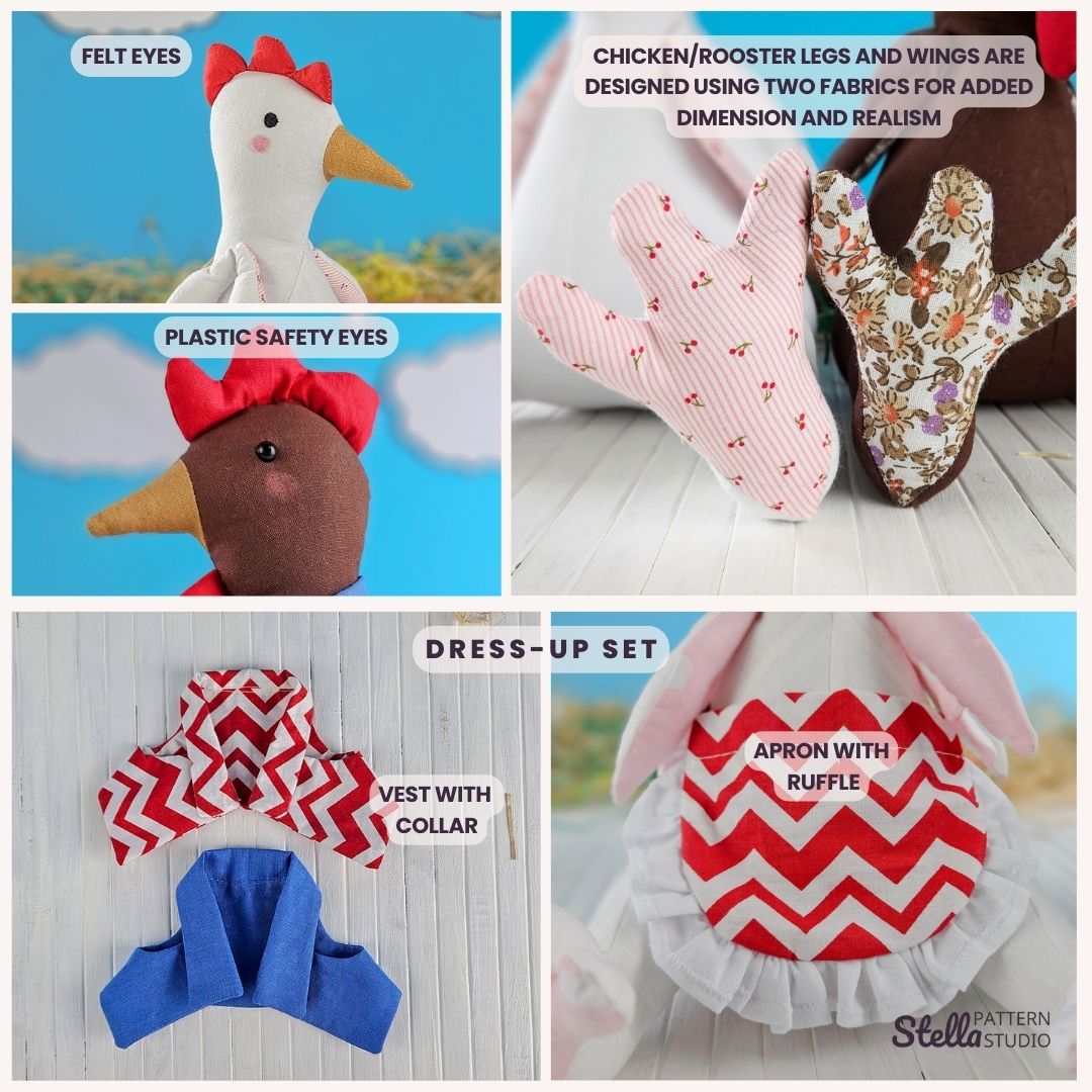 Chicken and Rooster PDF Stuffed Animal Sewing Pattern and tutorial