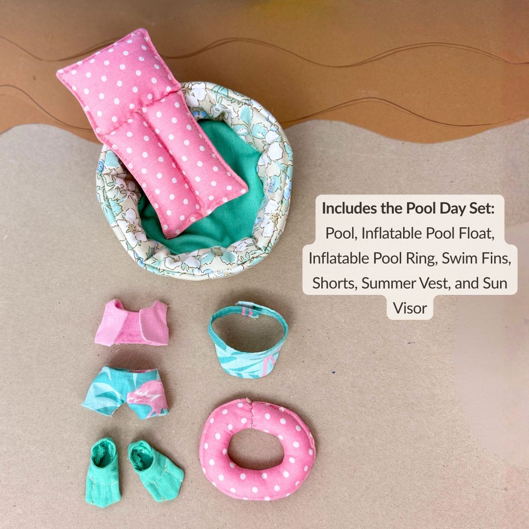 Mini Boy Doll & Pool Day Set beginner-friendly PDF sewing pattern with handmade fabric doll, doll clothes, pool, float, ring, swim fins, shorts, summer vest, and sun visor.