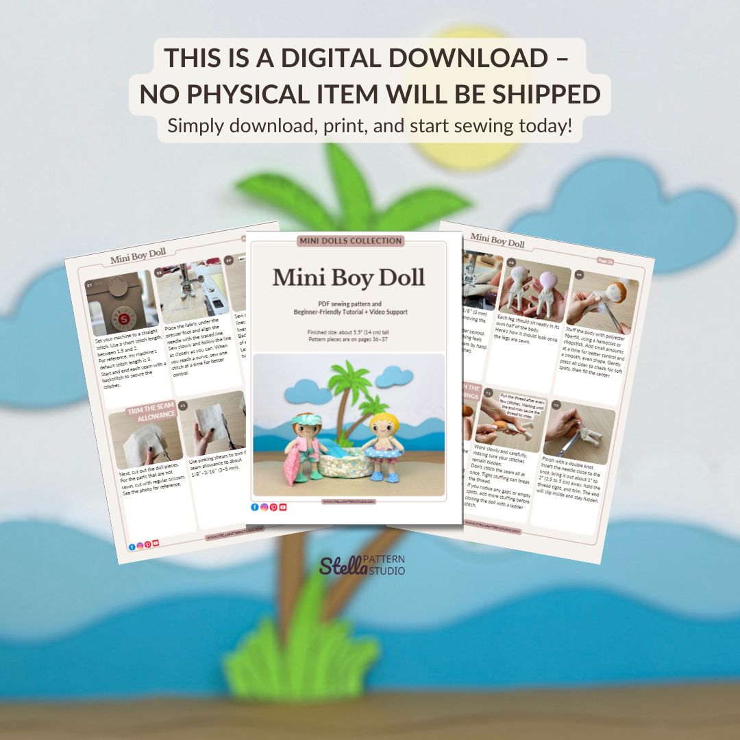 Mini Boy Doll & Pool Day Set beginner-friendly PDF sewing pattern with handmade fabric doll, doll clothes, pool, float, ring, swim fins, shorts, summer vest, and sun visor.