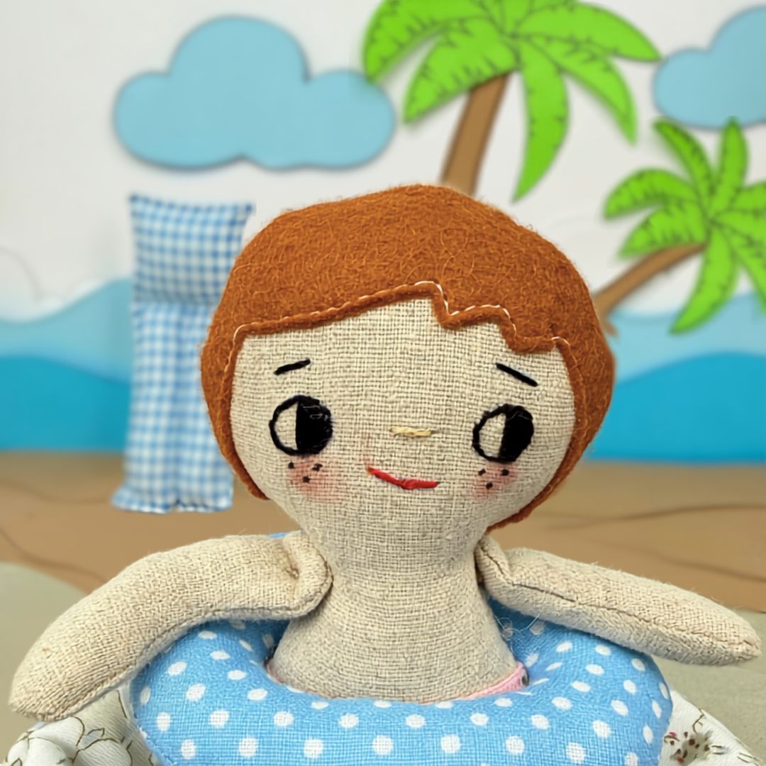 Mini Boy Doll & Pool Day Set beginner-friendly PDF sewing pattern with handmade fabric doll, doll clothes, pool, float, ring, swim fins, shorts, summer vest, and sun visor.