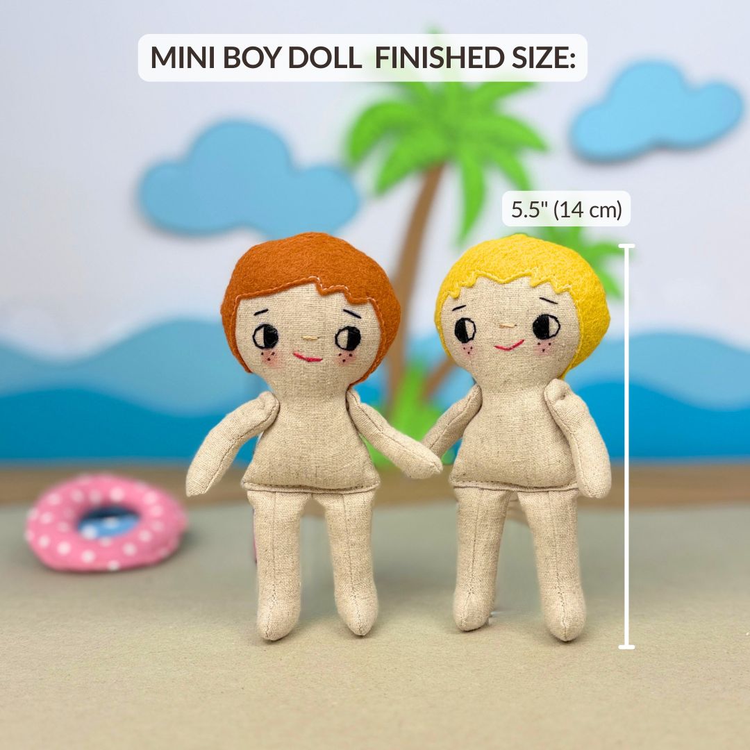 Mini Boy Doll & Pool Day Set beginner-friendly PDF sewing pattern with handmade fabric doll, doll clothes, pool, float, ring, swim fins, shorts, summer vest, and sun visor.