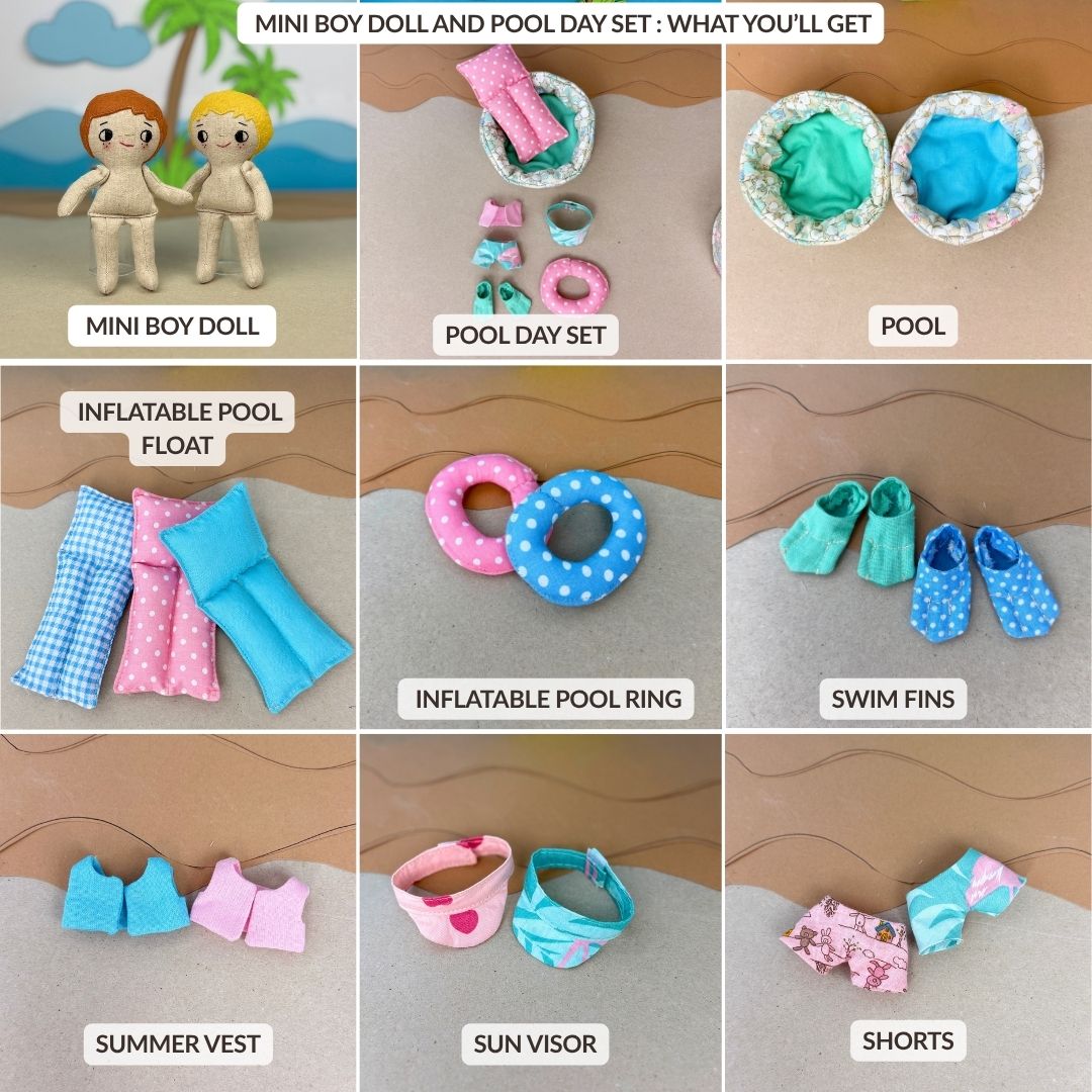 Mini Boy Doll & Pool Day Set beginner-friendly PDF sewing pattern with handmade fabric doll, doll clothes, pool, float, ring, swim fins, shorts, summer vest, and sun visor.