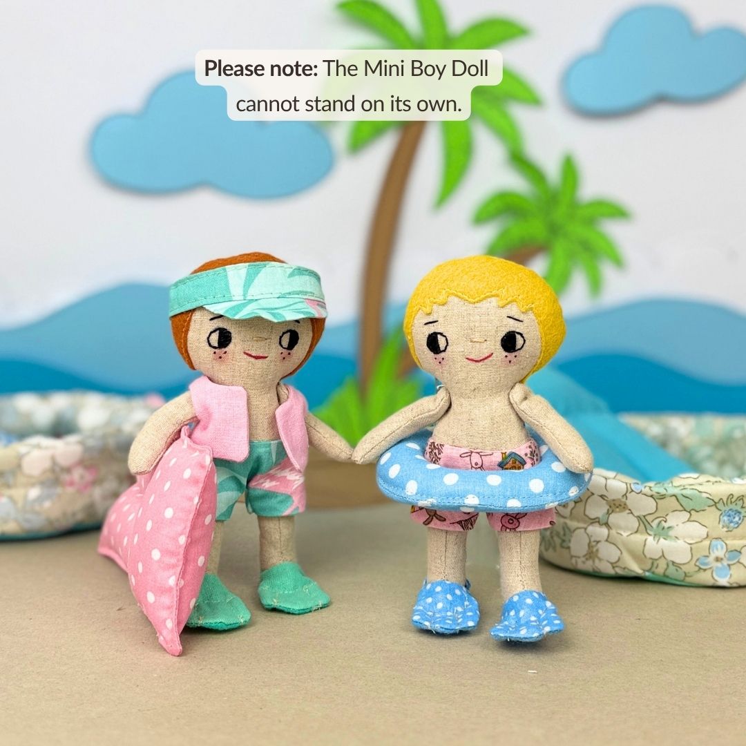 Mini Boy Doll & Pool Day Set beginner-friendly PDF sewing pattern with handmade fabric doll, doll clothes, pool, float, ring, swim fins, shorts, summer vest, and sun visor.