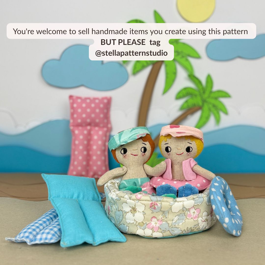 Mini Boy Doll & Pool Day Set beginner-friendly PDF sewing pattern with handmade fabric doll, doll clothes, pool, float, ring, swim fins, shorts, summer vest, and sun visor.