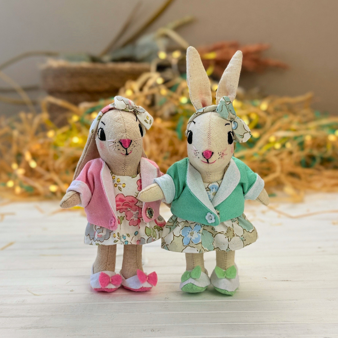 Mini Bunny Doll PDF sewing pattern with outfit set, including dress, reversible jacket, shoes, Bow Headband, and bonus Chicken Beanbag for Stella Mini Dolls