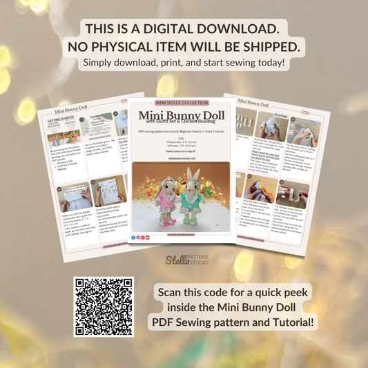 Mini Bunny Doll PDF sewing pattern with outfit set, including dress, reversible jacket, shoes, Bow Headband, and bonus Chicken Beanbag for Stella Mini Dolls