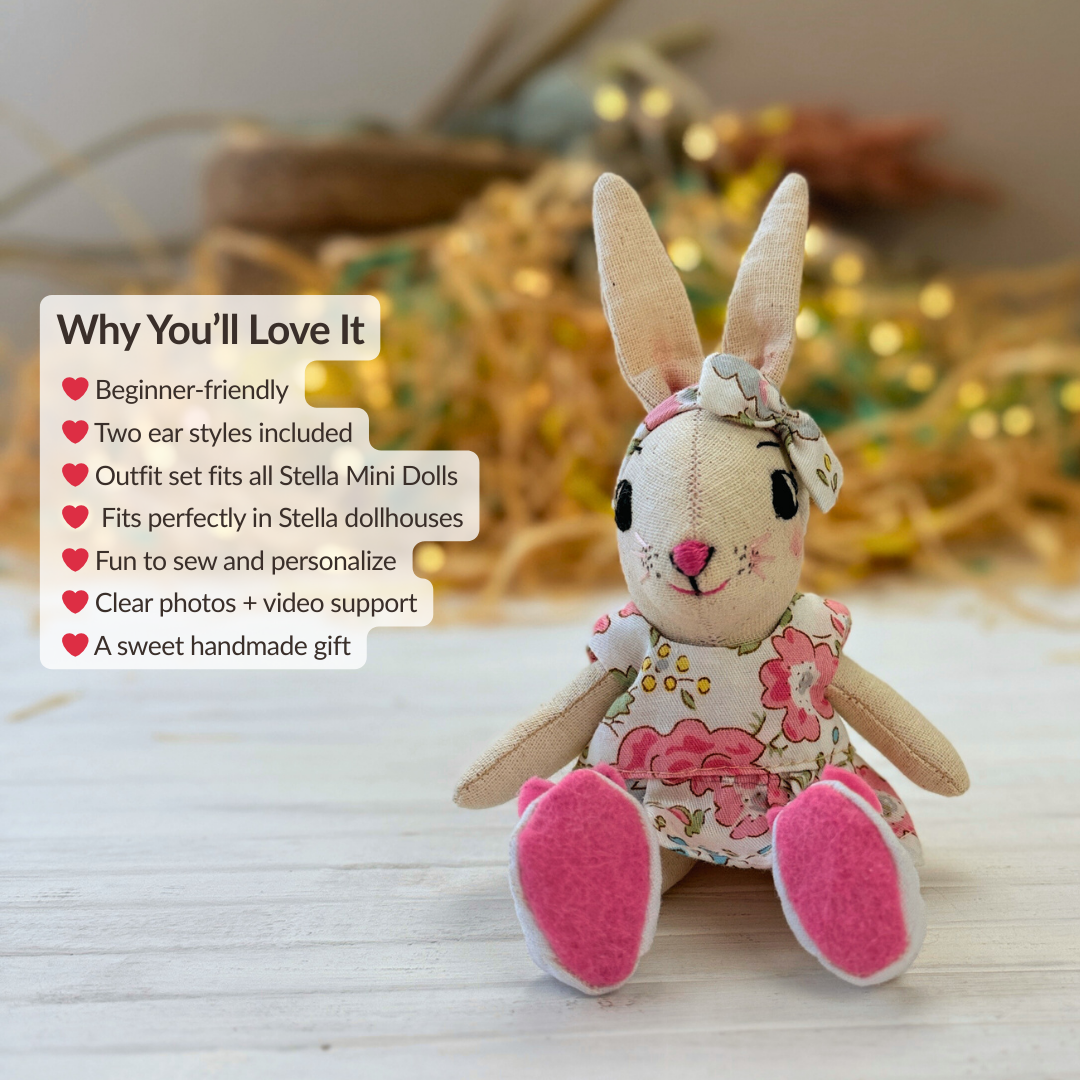 Mini Bunny Doll PDF sewing pattern with outfit set, including dress, reversible jacket, shoes, Bow Headband, and bonus Chicken Beanbag for Stella Mini Dolls