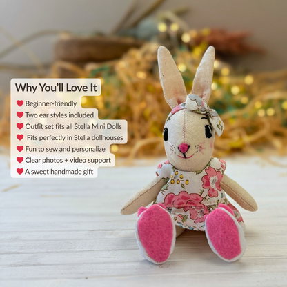 Mini Bunny Doll PDF sewing pattern with outfit set, including dress, reversible jacket, shoes, Bow Headband, and bonus Chicken Beanbag for Stella Mini Dolls