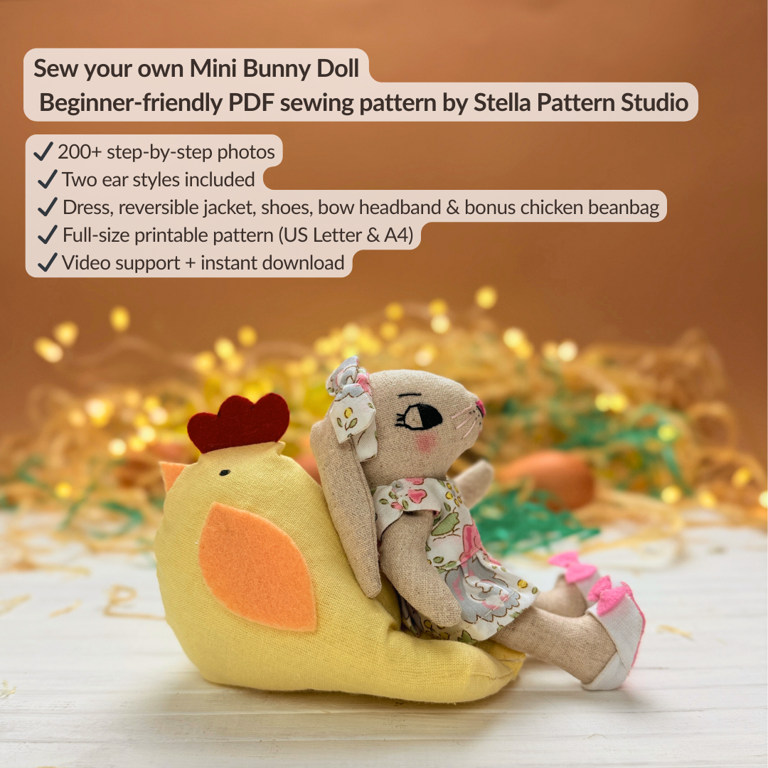 Mini Bunny Doll PDF sewing pattern with outfit set, including dress, reversible jacket, shoes, Bow Headband, and bonus Chicken Beanbag for Stella Mini Dolls