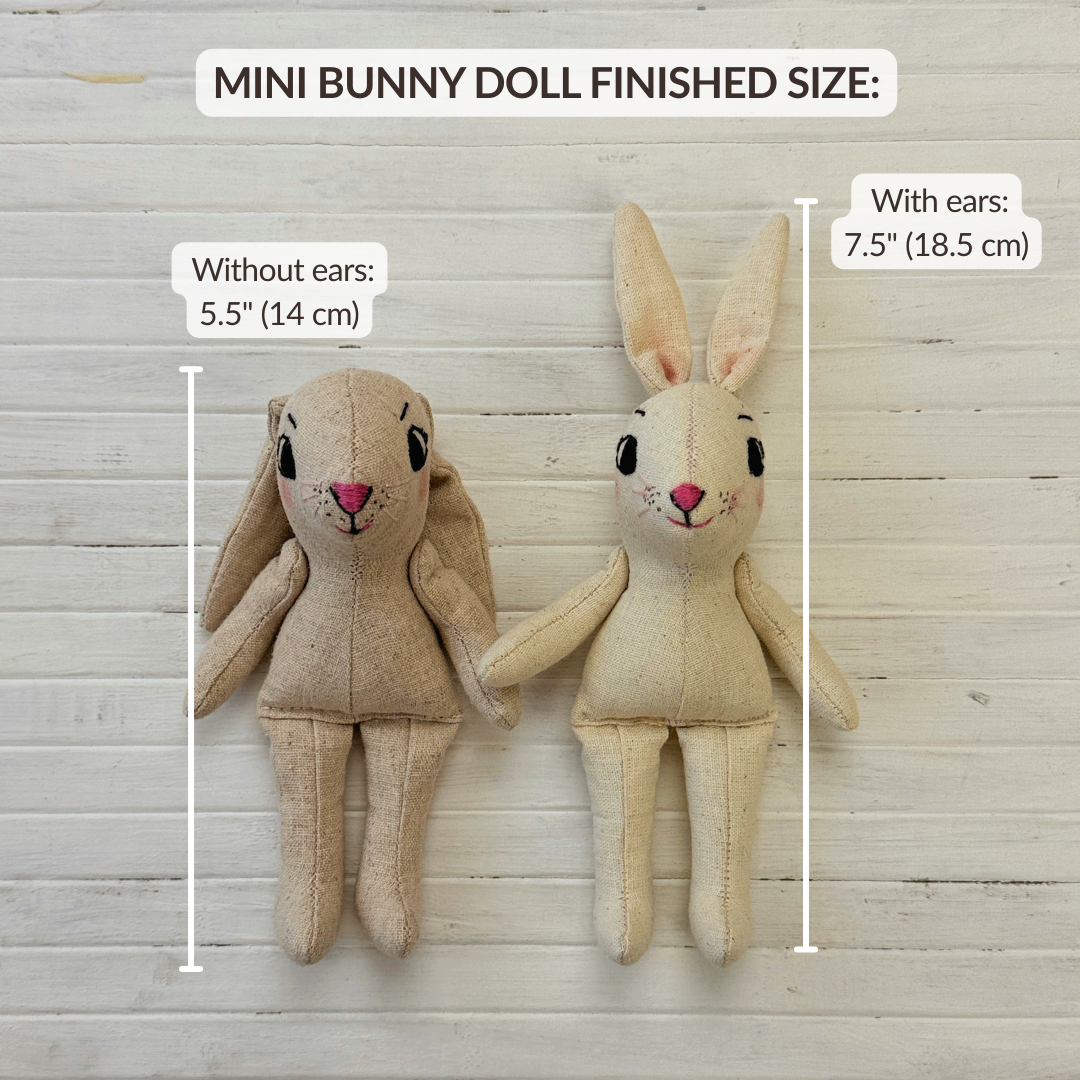 Mini Bunny Doll PDF sewing pattern with outfit set, including dress, reversible jacket, shoes, Bow Headband, and bonus Chicken Beanbag for Stella Mini Dolls