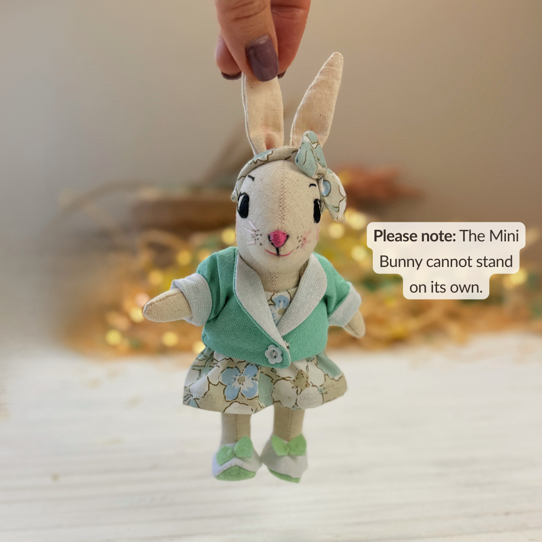 Mini Bunny Doll PDF sewing pattern with outfit set, including dress, reversible jacket, shoes, Bow Headband, and bonus Chicken Beanbag for Stella Mini Dolls