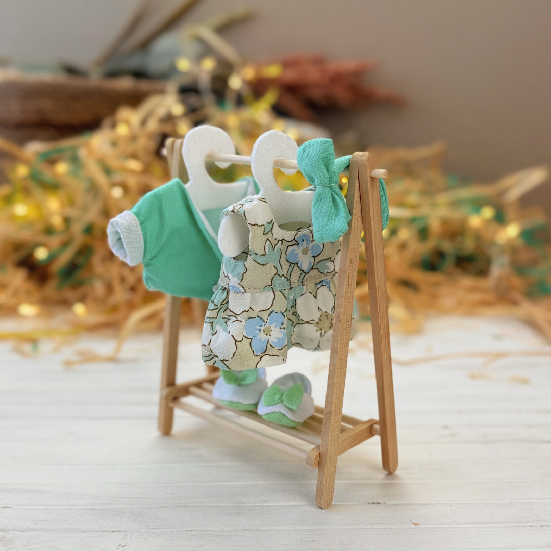 Mini Bunny Doll PDF sewing pattern with outfit set, including dress, reversible jacket, shoes, Bow Headband, and bonus Chicken Beanbag for Stella Mini Dolls