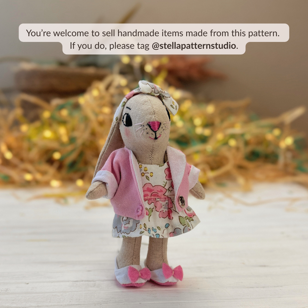 Mini Bunny Doll PDF sewing pattern with outfit set, including dress, reversible jacket, shoes, Bow Headband, and bonus Chicken Beanbag for Stella Mini Dolls
