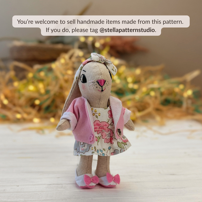 Mini Bunny Doll PDF sewing pattern with outfit set, including dress, reversible jacket, shoes, Bow Headband, and bonus Chicken Beanbag for Stella Mini Dolls