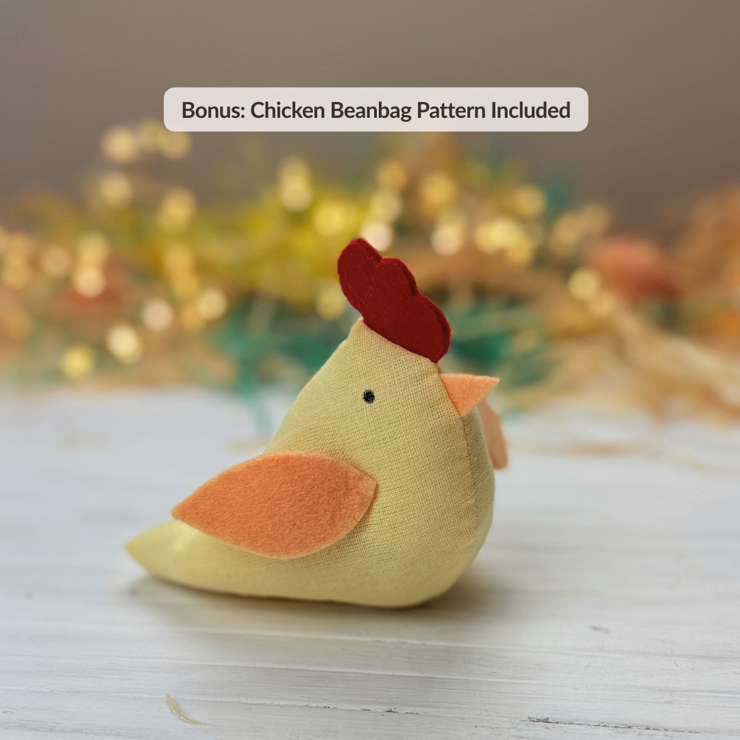 Mini Bunny Doll PDF sewing pattern with outfit set, including dress, reversible jacket, shoes, Bow Headband, and bonus Chicken Beanbag for Stella Mini Dolls