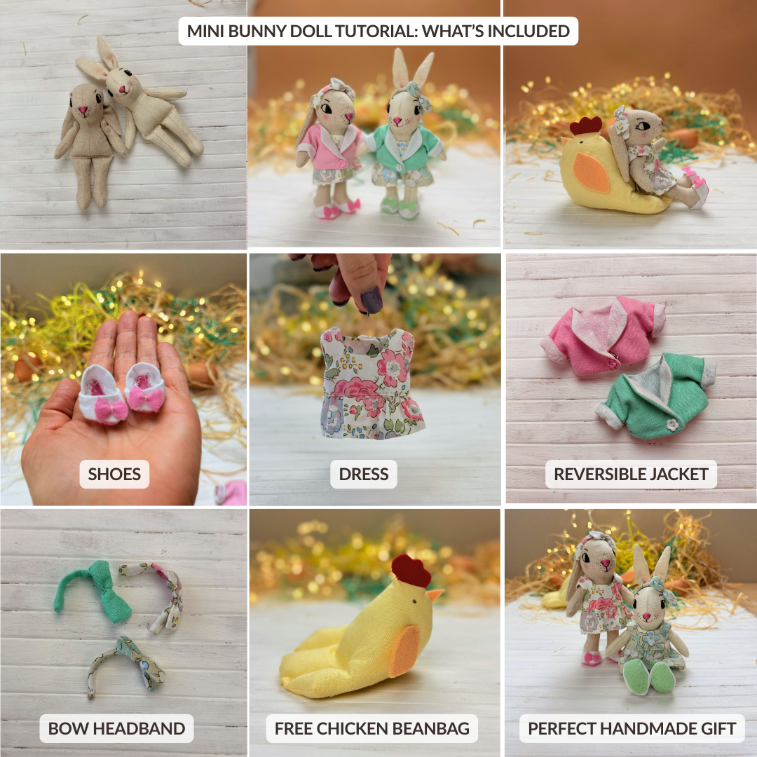 Mini Bunny Doll PDF sewing pattern with outfit set, including dress, reversible jacket, shoes, Bow Headband, and bonus Chicken Beanbag for Stella Mini Dolls