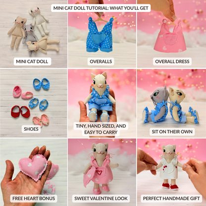 Mini Cat Doll in Overalls, Dress and Shoes - PDF Sewing Pattern and Tutorial