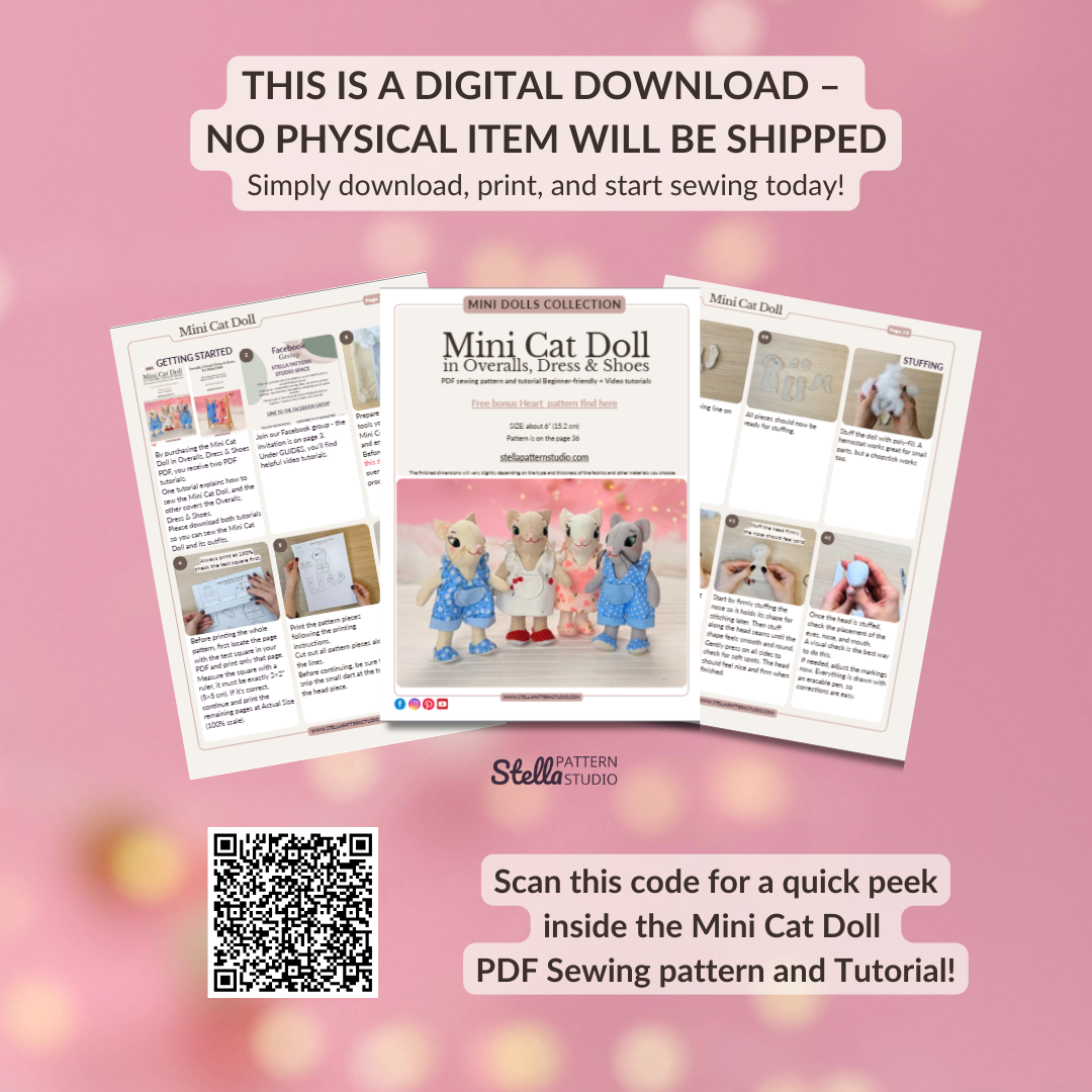 Mini Cat Doll in Overalls, Dress and Shoes - PDF Sewing Pattern and Tutorial