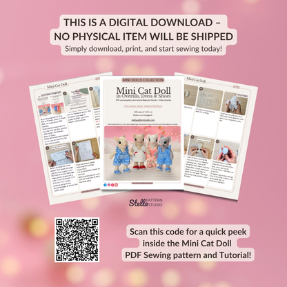 Mini Cat Doll in Overalls, Dress and Shoes - PDF Sewing Pattern and Tutorial