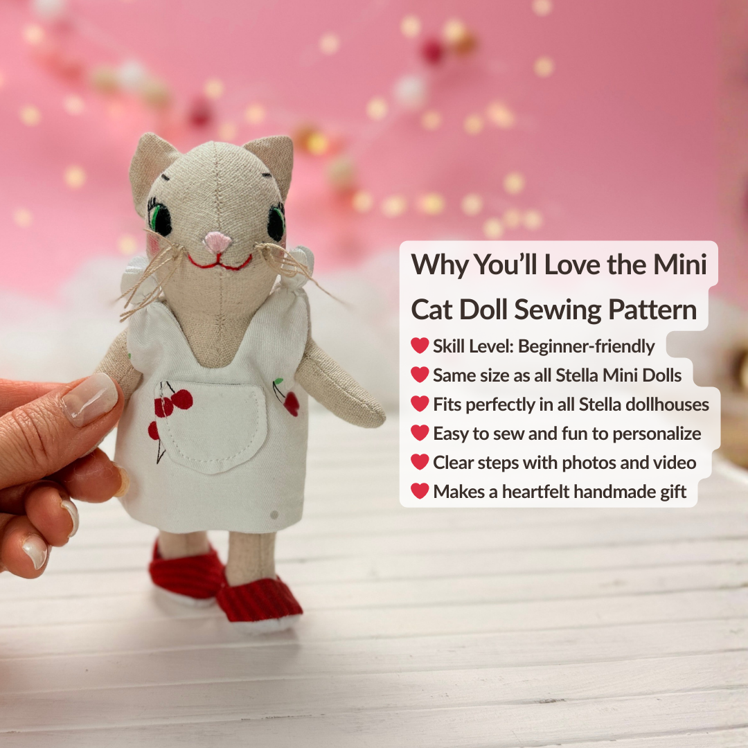 Mini Cat Doll in Overalls, Dress and Shoes - PDF Sewing Pattern and Tutorial