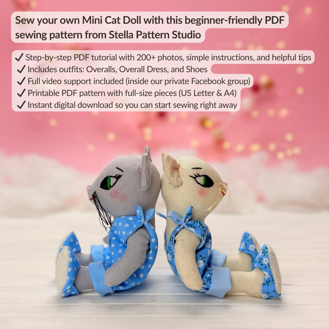 Mini Cat Doll in Overalls, Dress and Shoes - PDF Sewing Pattern and Tutorial