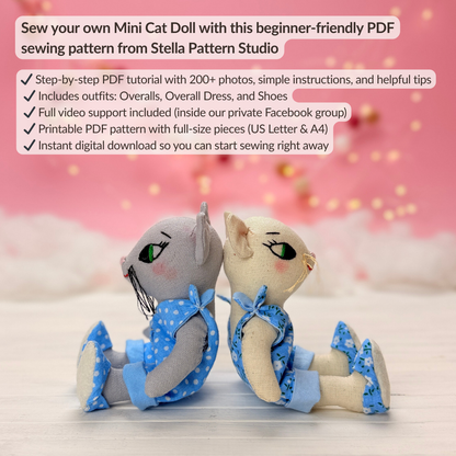 Mini Cat Doll in Overalls, Dress and Shoes - PDF Sewing Pattern and Tutorial