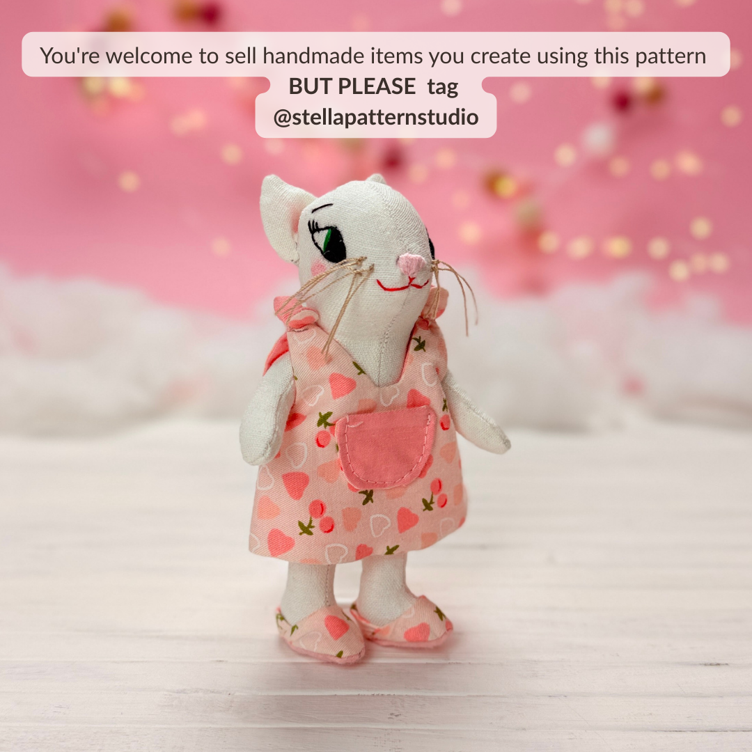 Mini Cat Doll in Overalls, Dress and Shoes - PDF Sewing Pattern and Tutorial