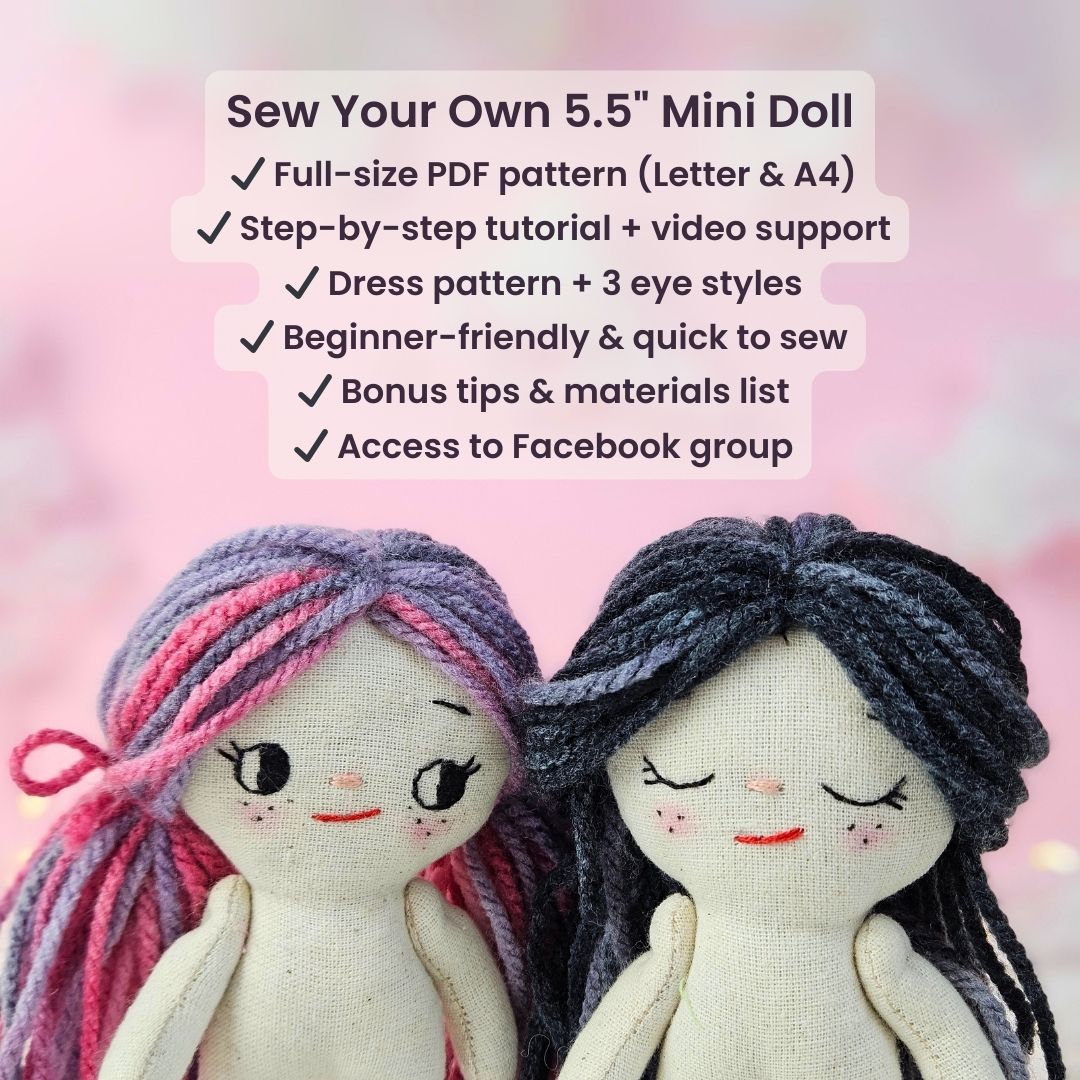 Create your own 5.5” Miniature Fabric Doll with Dress using the easy-to-follow PDF sewing pattern from Stella Pattern Studio. This delightful rag doll is perfect for dollhouses and can wear a variety of outfits, making her ideal for imaginative play.