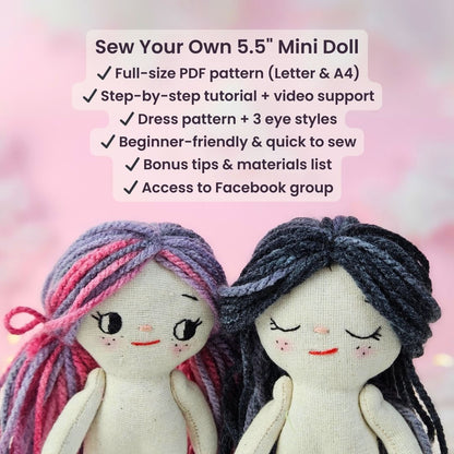 Create your own 5.5” Miniature Fabric Doll with Dress using the easy-to-follow PDF sewing pattern from Stella Pattern Studio. This delightful rag doll is perfect for dollhouses and can wear a variety of outfits, making her ideal for imaginative play.