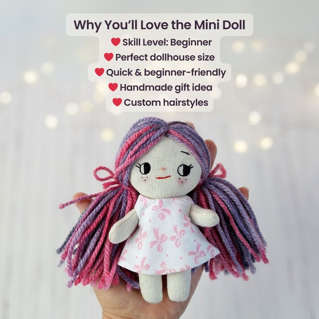 Create your own 5.5” Miniature Fabric Doll with Dress using the easy-to-follow PDF sewing pattern from Stella Pattern Studio. This delightful rag doll is perfect for dollhouses and can wear a variety of outfits, making her ideal for imaginative play.