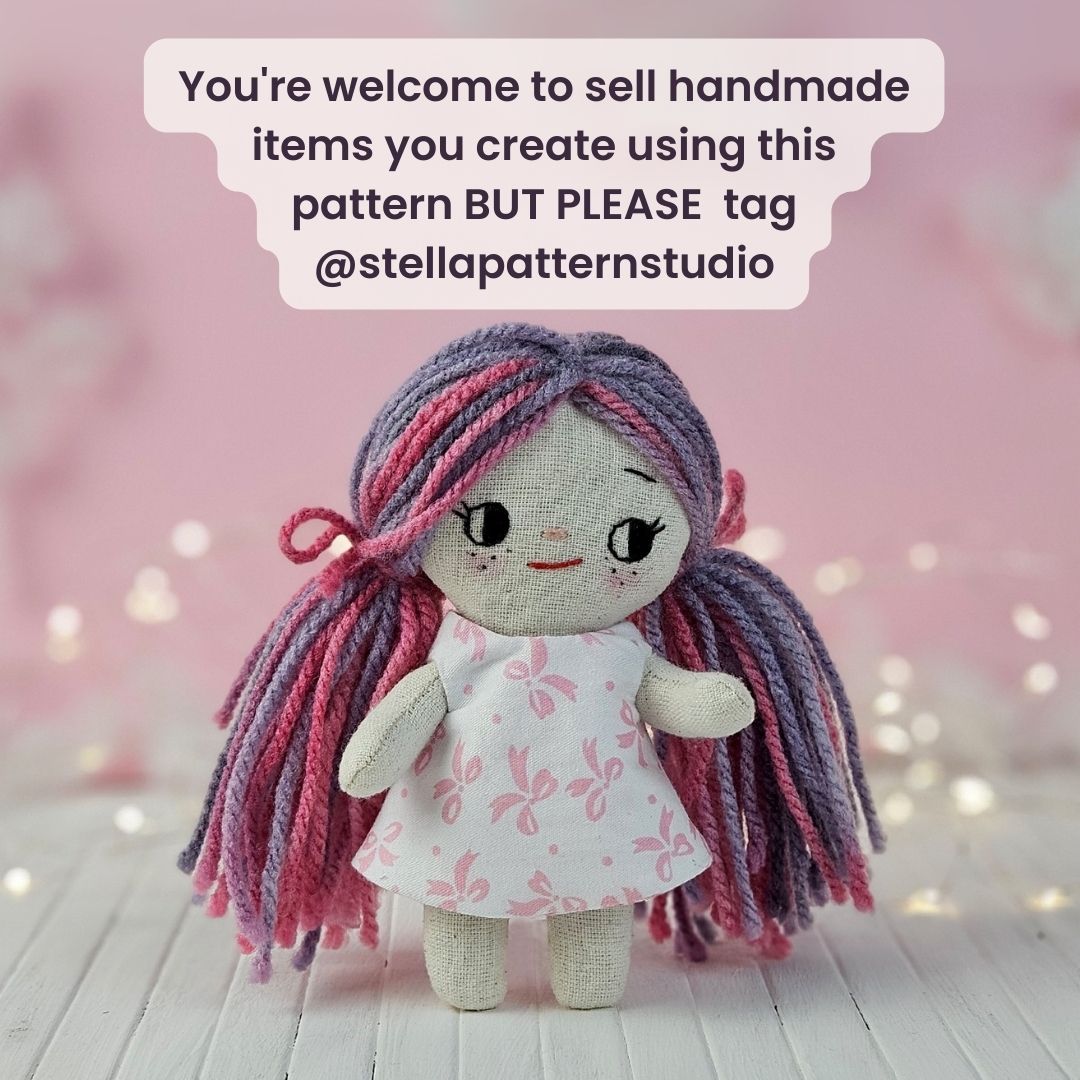 Create your own 5.5” Miniature Fabric Doll with Dress using the easy-to-follow PDF sewing pattern from Stella Pattern Studio. This delightful rag doll is perfect for dollhouses and can wear a variety of outfits, making her ideal for imaginative play.