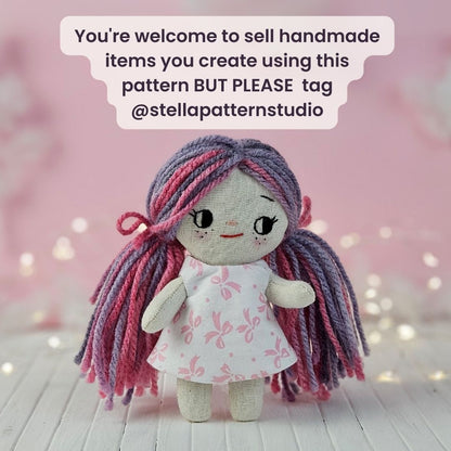Create your own 5.5” Miniature Fabric Doll with Dress using the easy-to-follow PDF sewing pattern from Stella Pattern Studio. This delightful rag doll is perfect for dollhouses and can wear a variety of outfits, making her ideal for imaginative play.