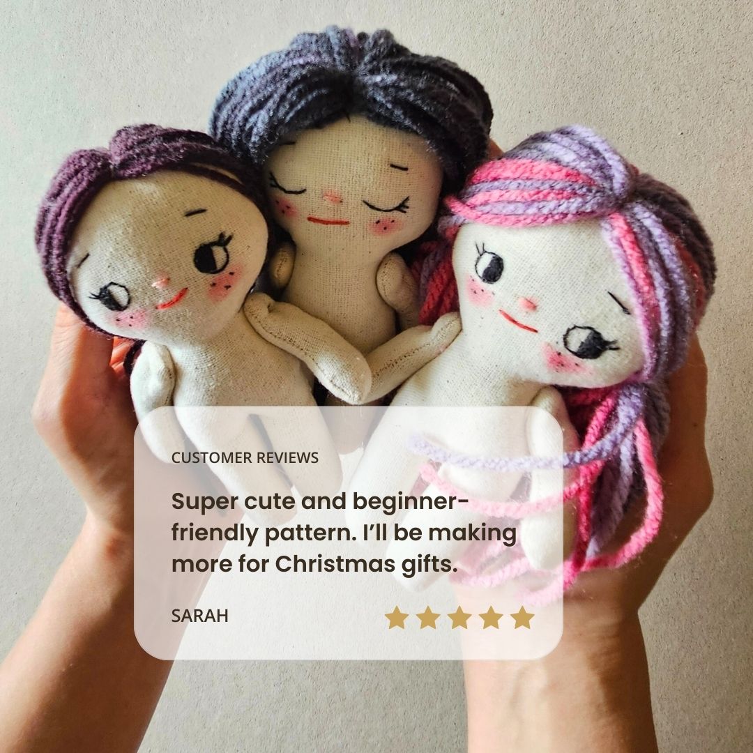 Create your own 5.5” Miniature Fabric Doll with Dress using the easy-to-follow PDF sewing pattern from Stella Pattern Studio. This delightful rag doll is perfect for dollhouses and can wear a variety of outfits, making her ideal for imaginative play.