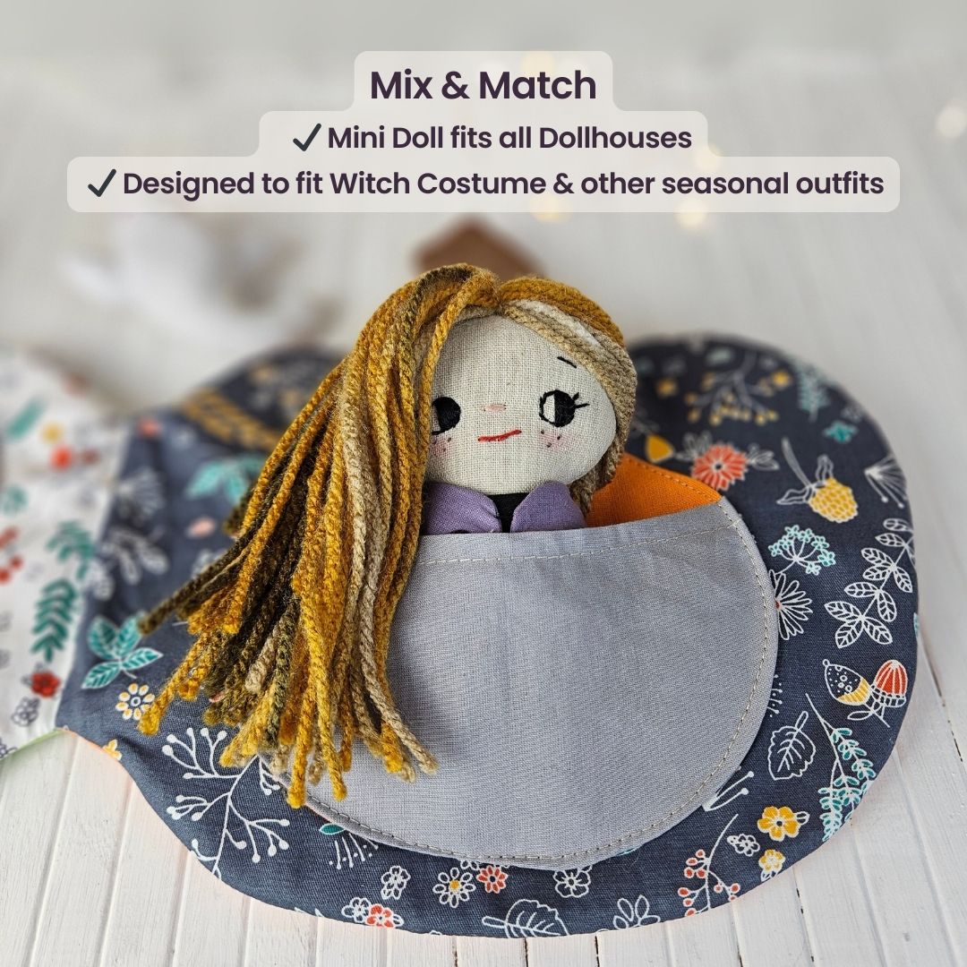 Create your own 5.5” Miniature Fabric Doll with Dress using the easy-to-follow PDF sewing pattern from Stella Pattern Studio. This delightful rag doll is perfect for dollhouses and can wear a variety of outfits, making her ideal for imaginative play.