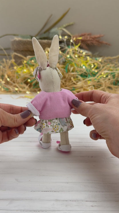 Mini Bunny Doll PDF sewing pattern with outfit set, including dress, reversible jacket, shoes, Bow Headband, and bonus Chicken Beanbag for Stella Mini Dolls